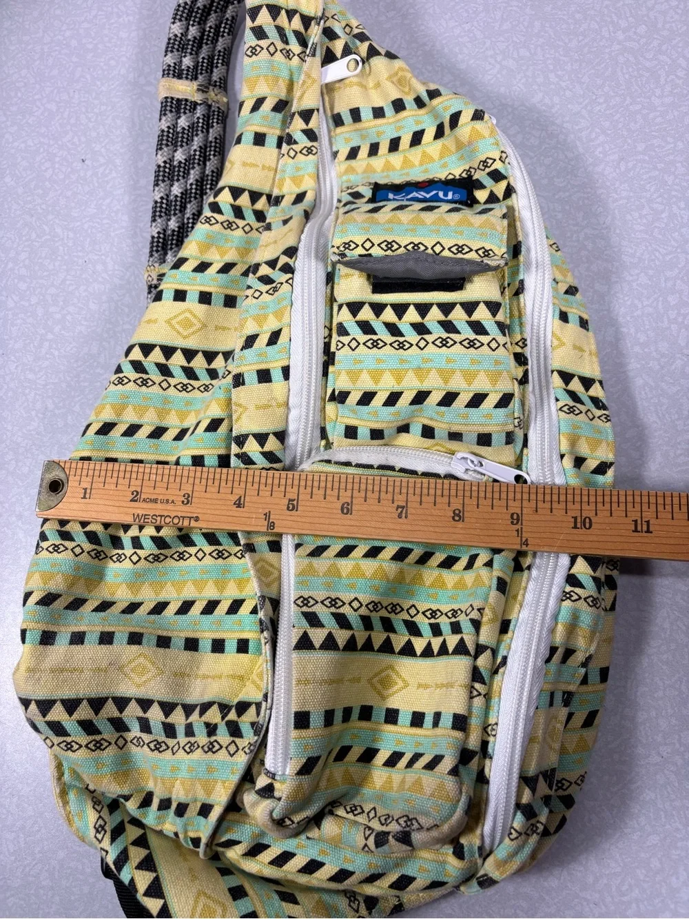 Kavu Yellow Aztec-Pattern Crossbody Sling Bag with Mint Accents